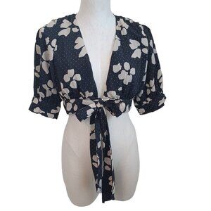 Lulus Cropped Blouse Black Floral Tie Front Top Womens size Small